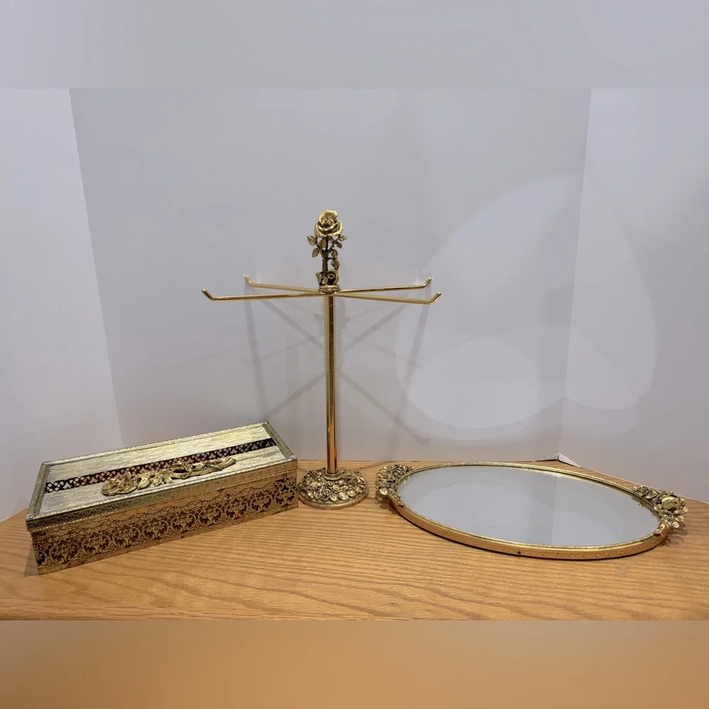 Gold Metal Vanity Tray Set with Jewelry Stand and Mirrored Tray